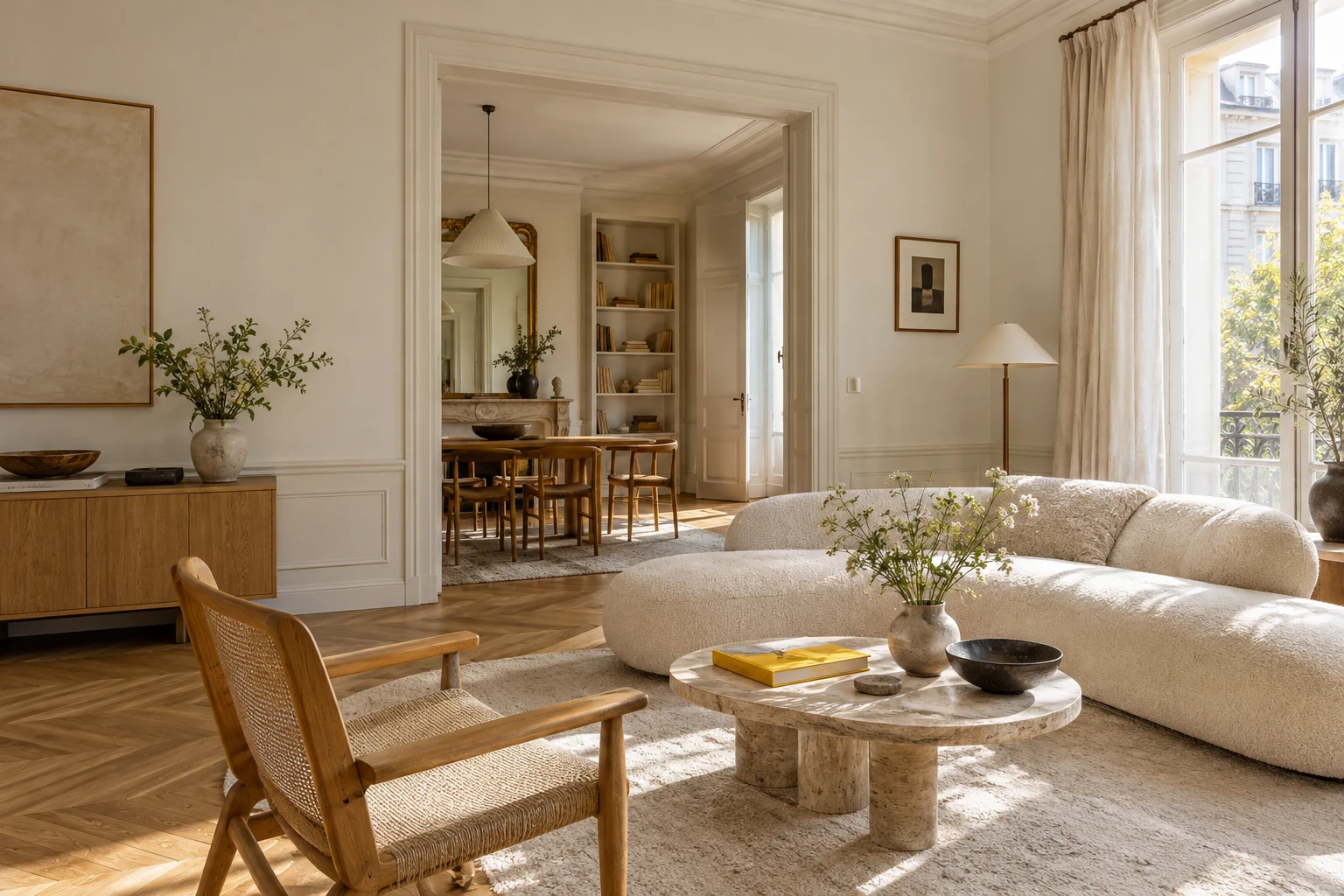 Illustrative sunlit European apartment with ivory walls and pale oak