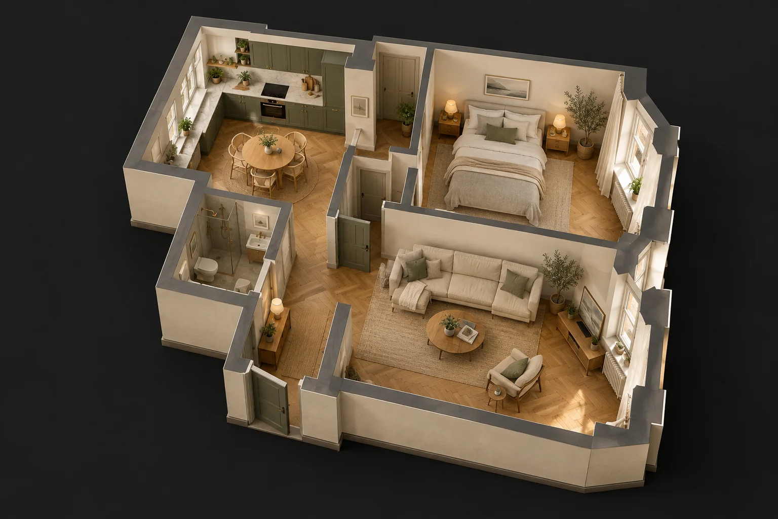 Illustrative apartment model, not a Nagame reconstruction